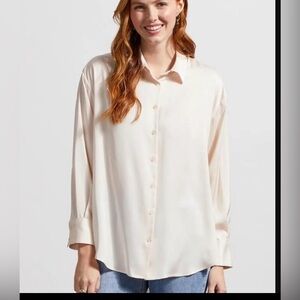 Tribal Flowy Satin Button Down Top - Ivory - Medium